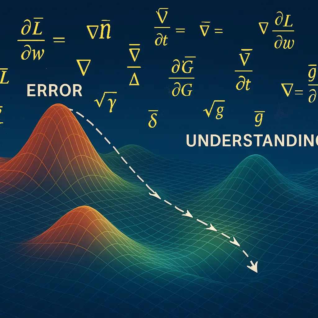 Digital artwork depicting a glowing mathematical landscape with ridges and valleys overlaid with calculus formulas, illustrating how gradients guide AI learning as it descends toward understanding.