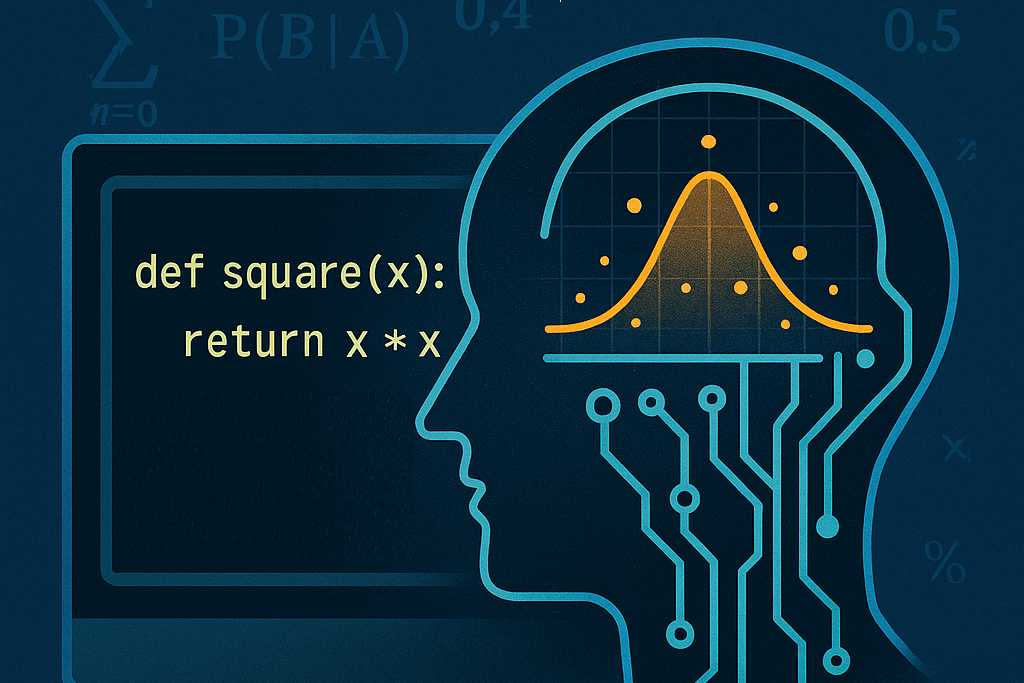 Digital artwork showing a small piece of code outsidee an AI silhouette with circuit lines and a glowing probability curve inside its head, symbolizing machine learning interpreting code through statistical modeling rather than logic.